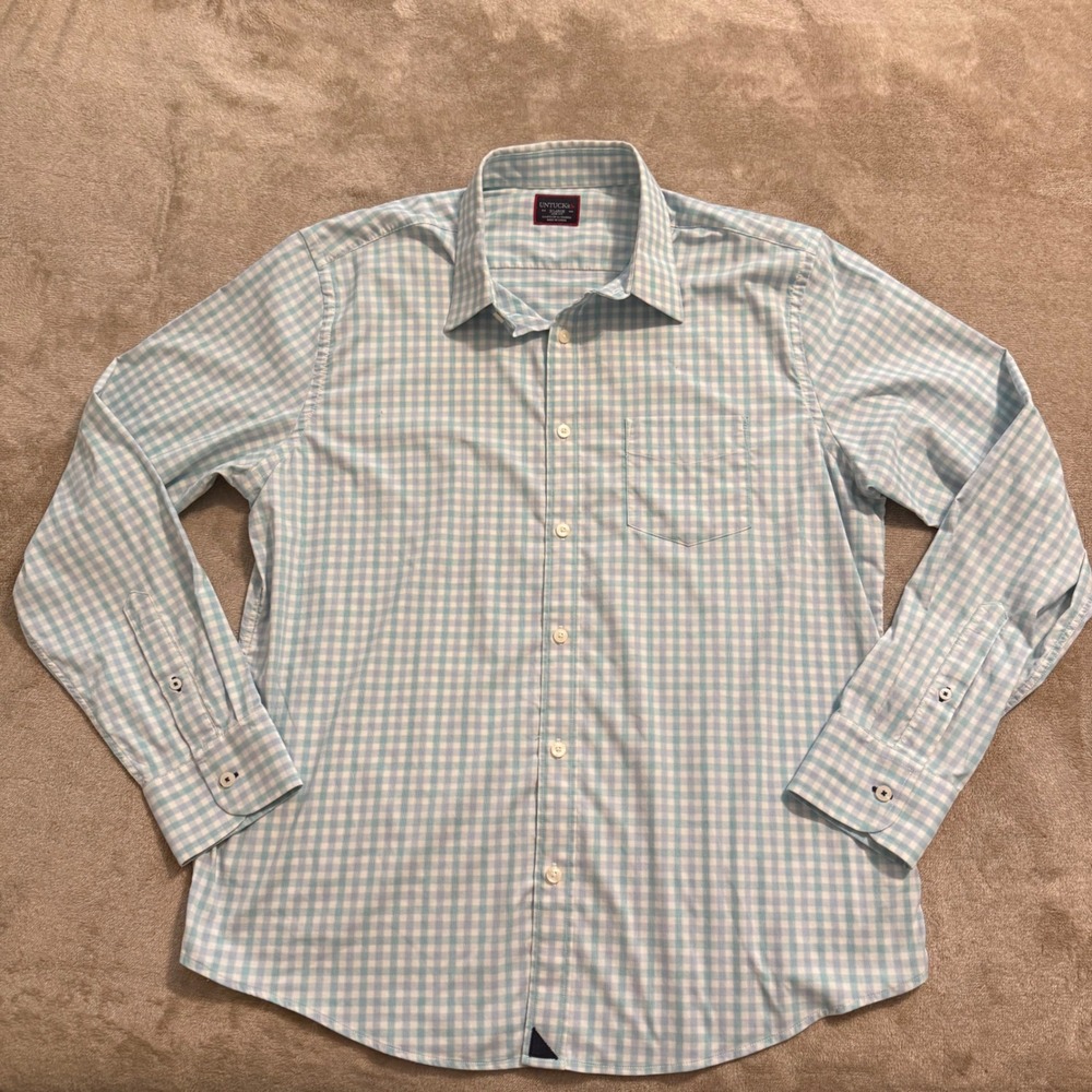 UNTUCKit Mens XL Slim Fit Gingham Performance Button Down Shirt Blue White